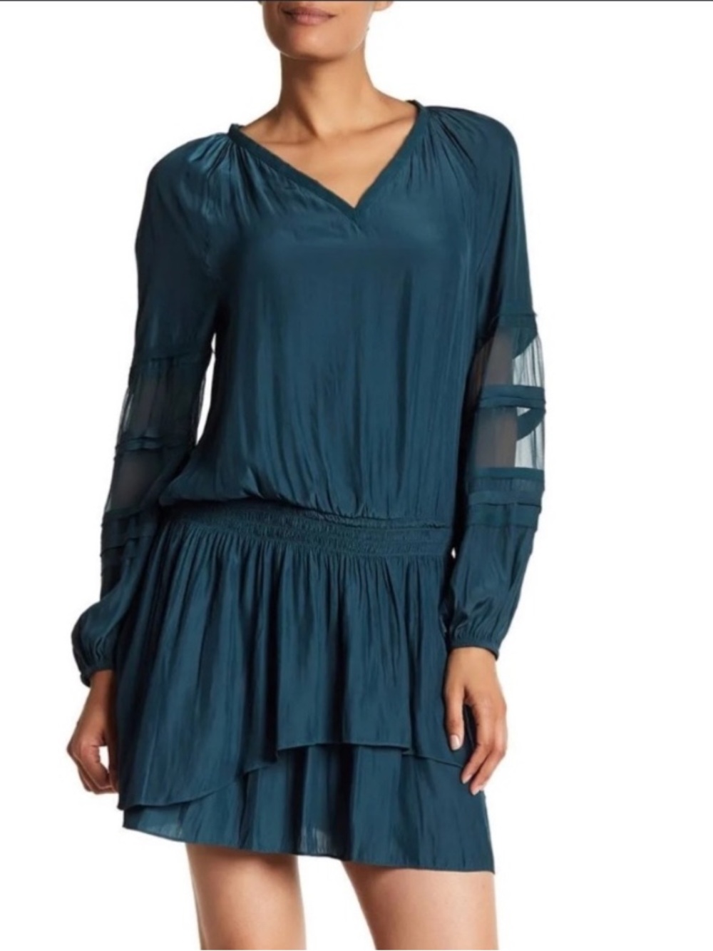 Ramy Brook Aiden Navy V-Neck Long-Sleeve Smocked Blouson Waist Mini Dress S